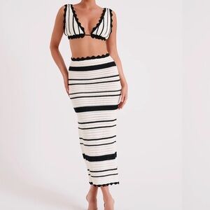 Meshki Black and White Striped Crochet Maxi Skirt